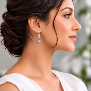 Silver Blue Topaz & CZ Earrings TJ-EP-0011 Detail View - 925 Sterling Silver - Ridhi LK